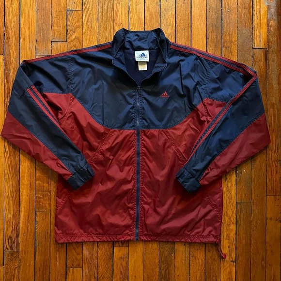 Vintage‎ Y2K 2000 Adidas Men Burgundy Maroon 3 Stripe Windbreaker Track Jacket